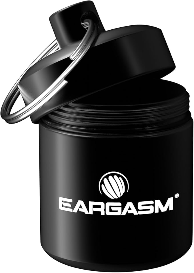 Eargasm Keychain Earplug Travel Carrying Case - Convenient Metal Waterproof Keychain Container Perfect for Traveling with Ear-Plugs, Pills, Medicine and Small Items On-The-Go - Black, 1.06 in x 1.6 in