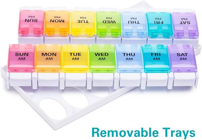 Sukuos AM PM Weekly Pill Organizer 2 Times A Day, Large Daily Pill Box Case 7 Day with Easy Push Button Design, Detachable Medicine Holder for Vitamin/Fish Oil/Supplements (Rainbow)