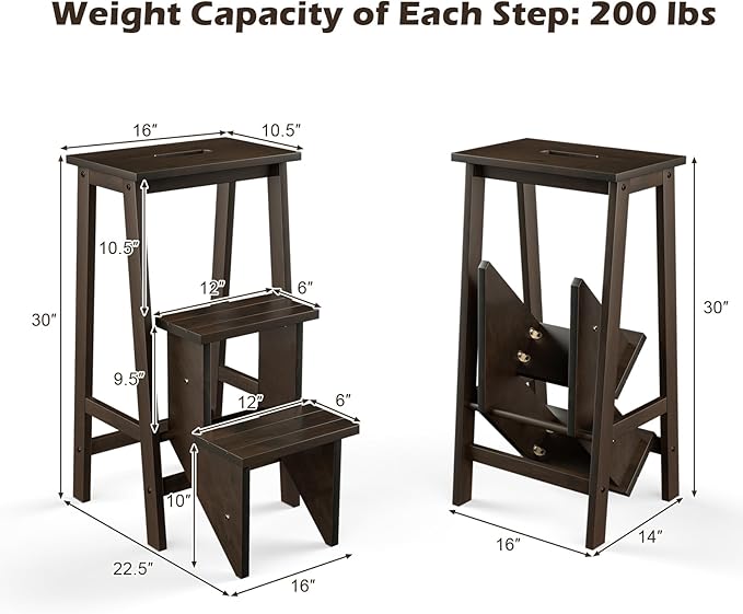 Costzon Folding 3 Step Stool, 3 in 1 Wooden Step Ladder with Handle, Non-Slip Pedal, Multifunctional Storage Shelf, Flower Rack for Kitchen, Library, Garage, Foldable Step Stool for Adults Kids