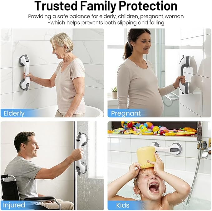 2 Pack Grab Bars for Shower Handle, Elderly Assistance Products, Seniors Removable Bar Safety, Suction Cup Handles for Bathtubs and Showers/Bathroom/Walls, Heavy Duty Handrails Grip 500lbs,No Drilling