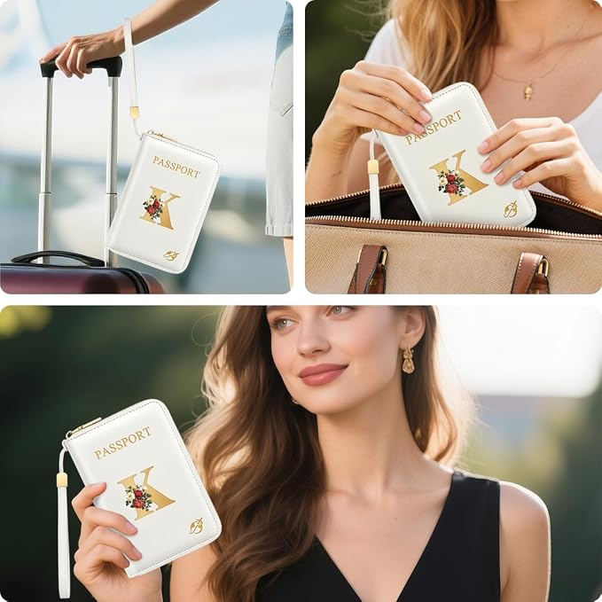 Passport Holder for Travel Personalized Wallet with Wristlet Women | All-in-One Passport Cover, RFID Blocking, Back Coin Pocket, Paper Money Slot, Zipper Closure, Roses Initial Letter, White K