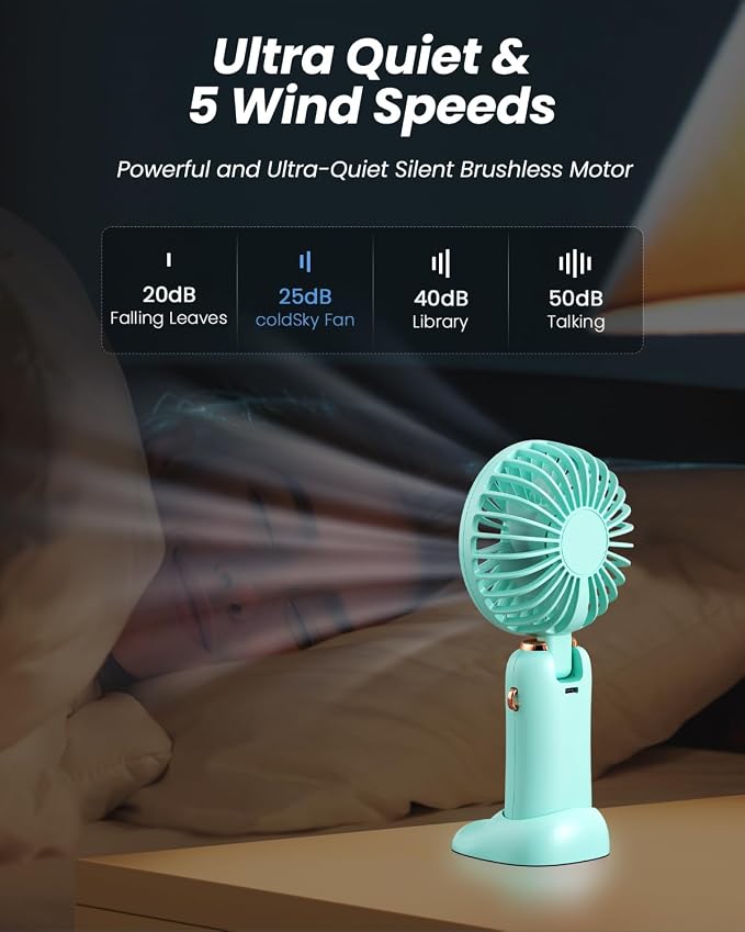 coldSky Portable Handheld Fan, 4000mAh Battery Operated Fan with LED Display, Handheld/Neck/Desk 3 in 1 Personal Small Fans, 90° Foldable Desk Fan with Base, 5 Speed Makeup Lash Fan for Women Green