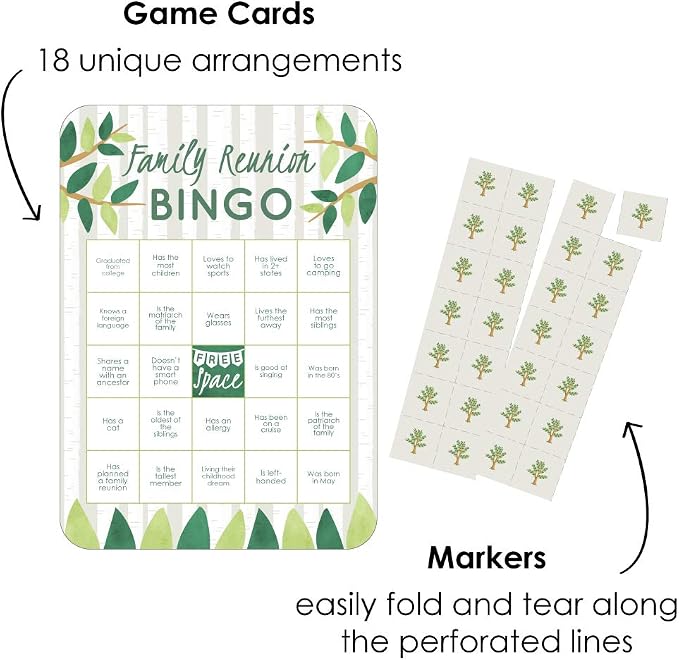 Big Dot of Happiness Family Tree Reunion Bingo Game - Find Someone Game with 18 Cards and Markers, Family Gathering Ice Breaker Activity, Perfect for Large Groups