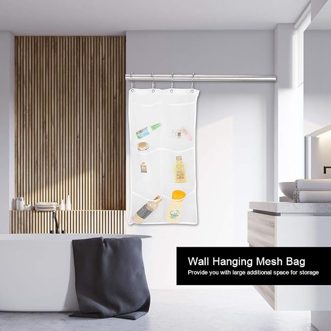 Joyzan Mesh Shower Organizer, 6 Pockets Hanging Caddy Portable Space Saving | Bathroom Holder Quick Drying Hanger Curtain Rod Storage Soap Shampoo Loofah Cruise Liner Ship Essentials Bath Toy Toiletry