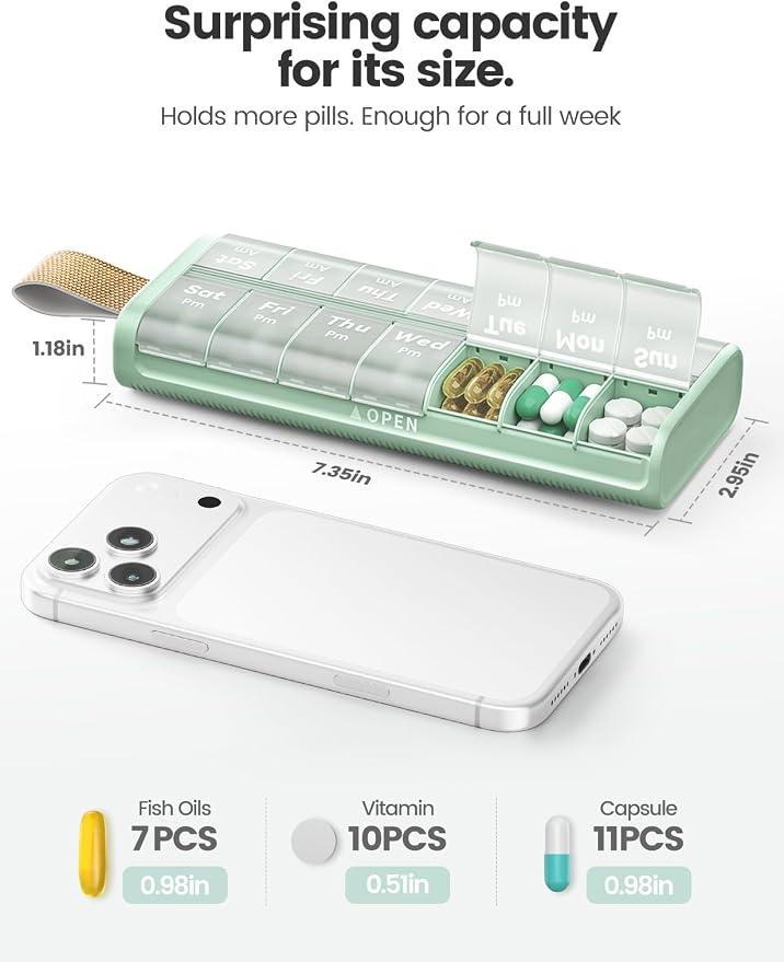 AM PM Pill Organizer 7 Day, 2 Times a Day Weekly Pill Box with Moisture-Proof Desiccant, Compact Easy-Open Medicine Case for Vitamins, Supplement
