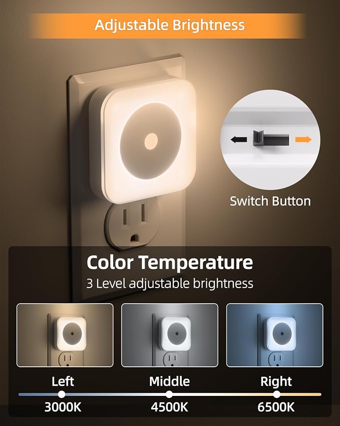 6-Pack LED Night Lights Plug into Wall,Bright Nightlight Auto-On/Off and Dimmable,0.5W Plug in Socket Night Light,Smart Sensor,Daylight White,for Adults Kids Bedroom Bathroom Hallway Kitchen Decor