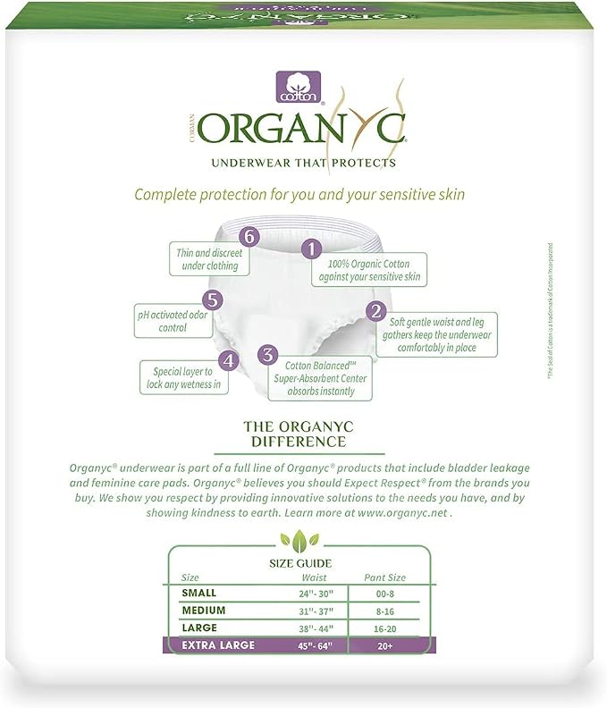 Organyc Bladder Control Underwear for Women - Organic Cotton Protective Underwear for Incontinence, Leak Protection, Odor Protection and Sensitive Skin, X-Large, 48 Count
