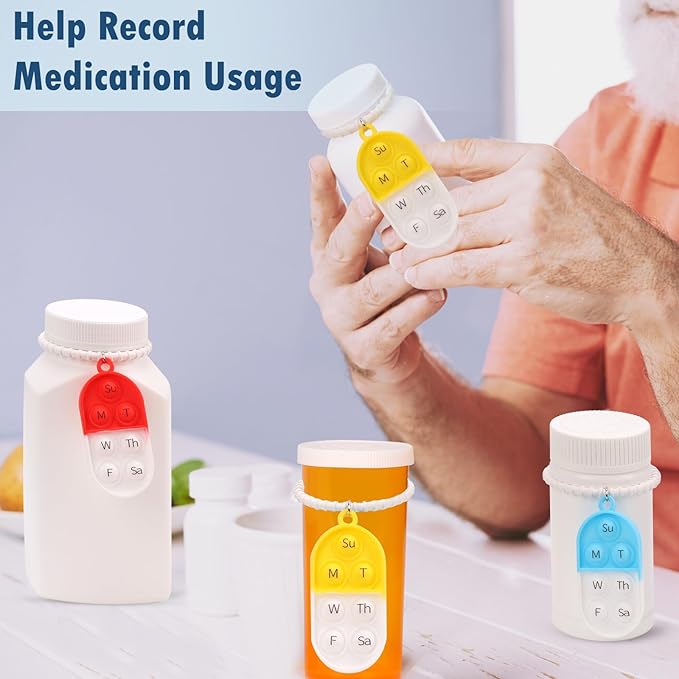 3 Pack Pill Reminder Medication Pill Tracker Bottle with Ties Reusable Daily Medication Tracker Portable with Button 7 Day Memory Aid Medication Dose Silicon for The Elderly Red Yellow Blue(3)