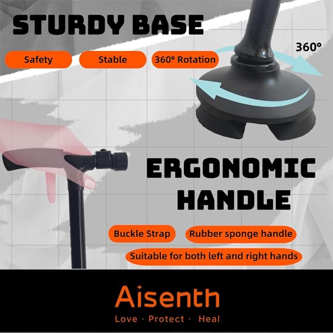 Lightweight Adjustable Folding Walking Canes for Men and Women-360° Swivel Base,Non-Slip Handle,LED Safety Light & Wrist Strap-Assist Seniors & Adults with Daily Walking,Stairs,Balance Support