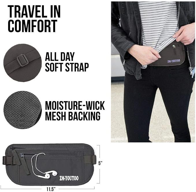 ZM-YOUTOO Money Belt for Travel - Hidden Travel Pouch Protect Your Credit and Money With RFID Blocking Passport Holder Waist Wallet (gray)
