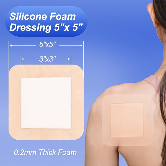 Niceful Silicone Foam Dressing | Large Bandages for Wounds Pressure Sores Post-Surgery 5"x5" （10Pcs）