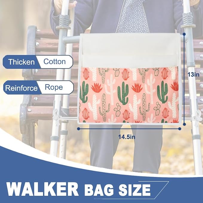 TOGETRUE Walker Bag, Easy Access Walker Storage Basket with 2 Large Pockets, Walker Accessories Bag for Folding Walker, Wheelchairs, Strollers, 13"x14.5" (Cactus)