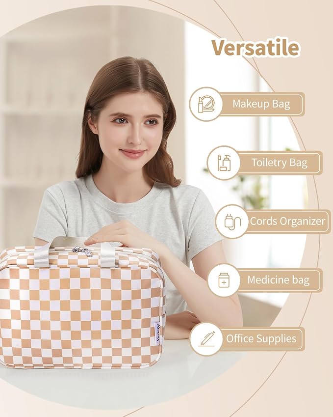 Narwey Large Travel Toiletry Bag Women, Checkered Makeup Bag with Handle, Portable Make up Cosmetic bag Organizer, Travel Bag for Toiletries, Skincare, Medicine, Essentials (Light Checkerboard, Large)