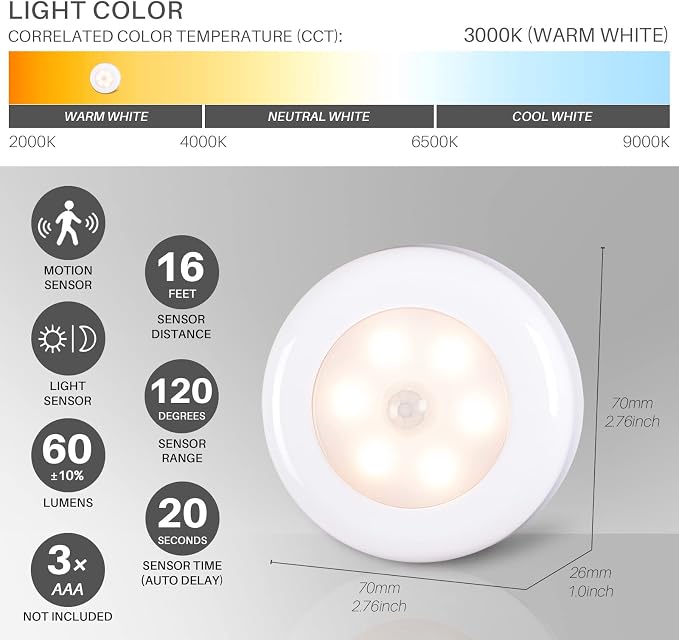 STAR-SPANGLED 2.8” LED Motion Sensor Lights Indoor AAA Battery, 6 Pack Warm | Stick on Puck Light Battery Powered, Round Motion Activated Night Lamps, For Closet Stairs Under Cabinet Kitchen Pantry Shelf