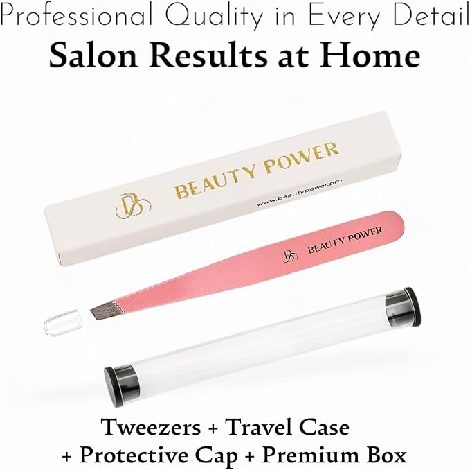 Beauty Power Slant Tip Precision Tweezers - Stainless Steel Eyebrow Tweezers for Women & Men - Precision Tweezers for Facial Hair, Ingrown Hair & Brow Shaping - Professional Beauty Tool (Pink)