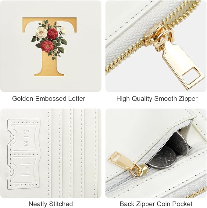 Passport Holder for Travel Personalized Wallet with Wristlet Women | All-in-One Passport Cover, RFID Blocking, Back Coin Pocket, Paper Money Slot, Zipper Closure, Roses Initial Letter, White T