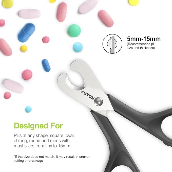 AUVON Scissors-Shaped Pill Cutter, Sharp Blade Pill Splitter for Easily Dividing Most 5-15mm Vitamins, Tablets and Medications in Half
