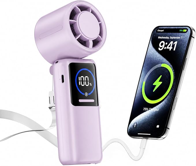 Turbo Portable Handheld Fan, 15000mAh Rechargeable Personal Fan for Travel | 15m/s Foldable Neck Fan with 100 Speeds, Up to 50H Runtime, Built-in USB-C Output and Display for Concerts and Outdoors
