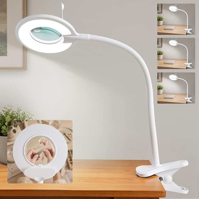 3X+6X Magnifying Glass with Light and Stand,Dimmable LED Magnifying Lamp | Clip on, Flexible Gooseneck, Hands Free Magnifier, Magnification Lamp for Elderly Craft Hobby Painting Sewing Close Work