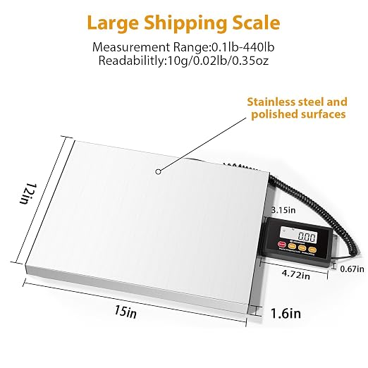 UNIWEIGH Digital Postal Scale 440lb x 10g Accuracy Shipping Scale | Stainless Steel Platforms,Heavy Duty Scale with LCD/Hold/Tare,Postage Scale for Packages,Luggage Scale,Battery&USB Included