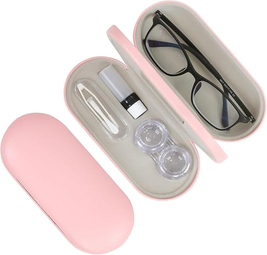 2 in 1 Contact Lens Case and Eyeglasses Case for Women Men Kids, Double Sided Hard Shell Portable Glasses Travel Holder with Built-in Mirror, Contact Lens Box (Pink)