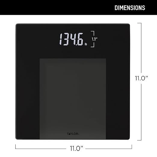 Taylor Digital Bathroom Scale for Body Weight, Smart Scale with Precision Hub App, 400 lb Capacity, 11 x 11 in Glass Platform, Tone on Tone Black