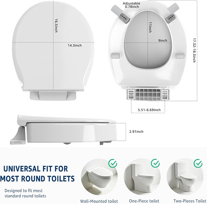 Raised Toilet seat 2.91 inch Round, 16.5 x 14.3inch Compatible | Soft Close + Quick-Release, Easy Clean, Bottom/Top Fixing, Safe Anti-Slip Pad Never Loosen, PP, White, 3 Years Support