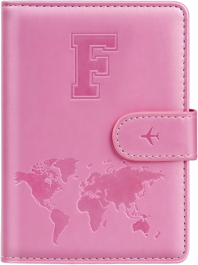 Passport Holder Cover Initial Letter A-Z Travel Wallet Personalized | Travel Essentials, Embossed Design, RFID Blocking, Personalized Gift, Passport Book Holders for Women Girls, Pink-F