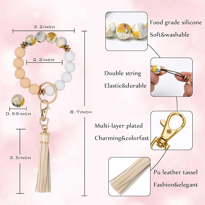 BAOSIWA Silicone Beaded Bracelet Keychain Wristlet Key Ring Bangle Chains for Women with Leather Tassel