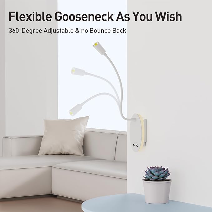 Rechargeable Cordless Reading Light, 360° Adjustable Bedside Lamp, 3 Color Stepless Dimming Night Light, 40H Runtime with Eye-Care, Memory Function, USB Output, Wall-Mounted & Detachable(2pcs)