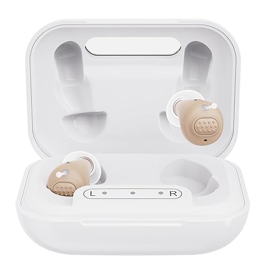Hlisoundy Hearing Aids for Seniors - Rechargeable with 48+ Hour Battery & Charging Case. Enjoy Clear Sound with 2 Earbud Types (Comfort Fit & Feedback-Free). Auto On/Off for Ease