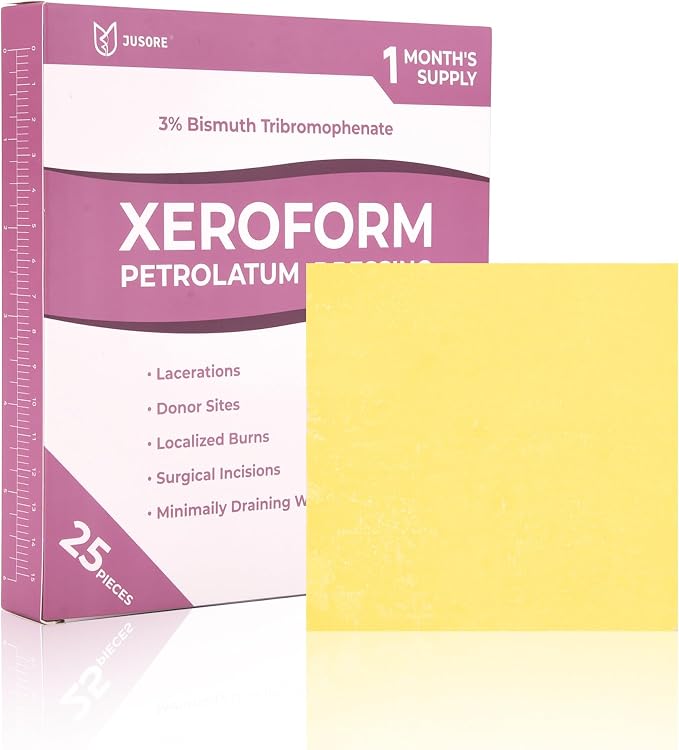 JUSORE Xeroform Petrolatum Dressing 4"x4" - FSA-HSA, Non Stick Gauze Pads | Medical Soft Fine Mesh Gauze Patch for Wound Care, Burns, Lacerations, Skin Grafts & Surgical Incisions, 25 Individual Pack