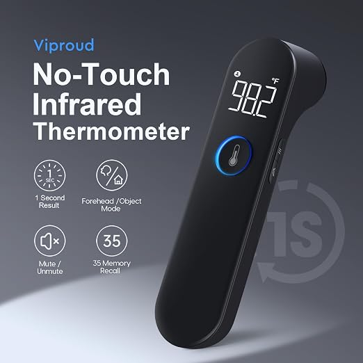 Viproud No-Touch Baby Thermometer for Adults and Kids, Fast & Accurate | 1 second Result, Fever Alarm, Mute Mode, Body & Object Mode, 35 Memory Recall, Baby Essentials, Lifetime Support