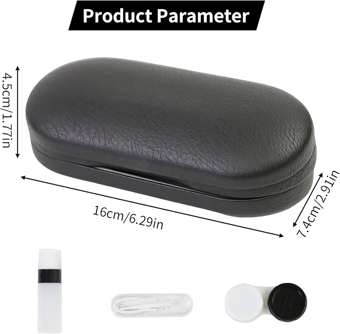 2 in 1 Contact Lens Case and Eyeglasses Case for Women Men Kids, Double Sided Hard Shell Portable Glasses Travel Holder with Built-in Mirror, Contact Lens Box Storage Kit, Black