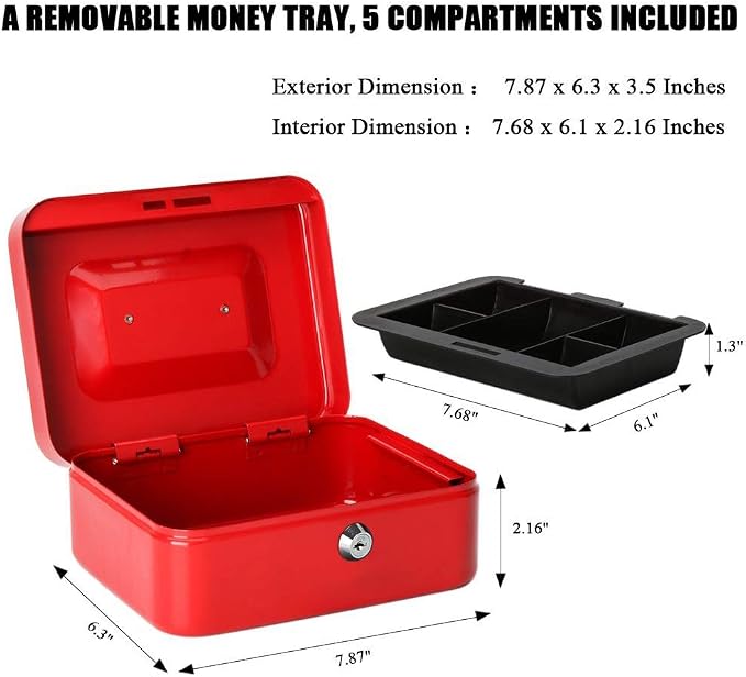 Jssmst Locking Medium Steel Cash Box with Money Tray,Lock Box,Red