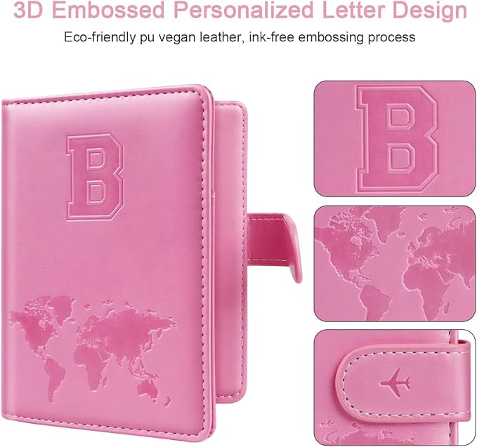 Passport Holder Cover Initial Letter A-Z Travel Wallet Personalized | Travel Essentials, Embossed Design, RFID Blocking, Personalized Gift, Passport Book Holders for Women Girls, Pink-B
