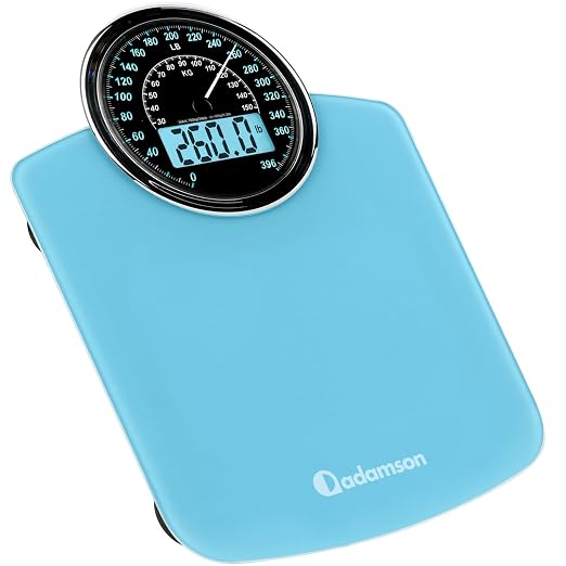 Hybrid Bathroom Scale - Analog & Digital Display, Accurate to 400 lbs | See weight on both an analog dial and digital LCD at once. Wide glass platform, accurate to 0.2 lbs, batteries included.