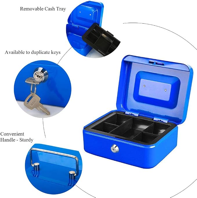 Jssmst Locking Medium Steel Cash Box with Money Tray,Lock Box,Blue