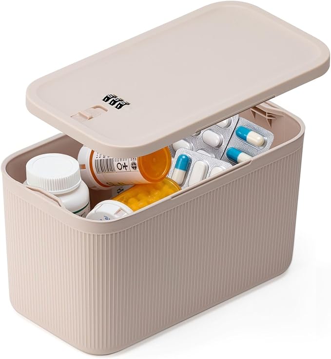 SANIDIKA Lockable Storage Box, Locking Medicine Box, Cell Phone Locked Jail, Food Medical Lockbox, Containers Bin for Personal Refrigerator Home Office Organization Travel Farther Gift (Cream Plus)