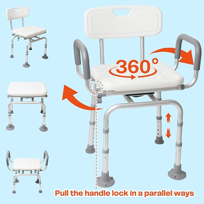 Shower Chair 360° Swivel Shower Chair for Inside Shower,Portable Seat with Back & Arms, Adjustable Height Seat for Bathtub,Tub Bench Stool for Bathroom Mobility Seat for Elderly, Disabled