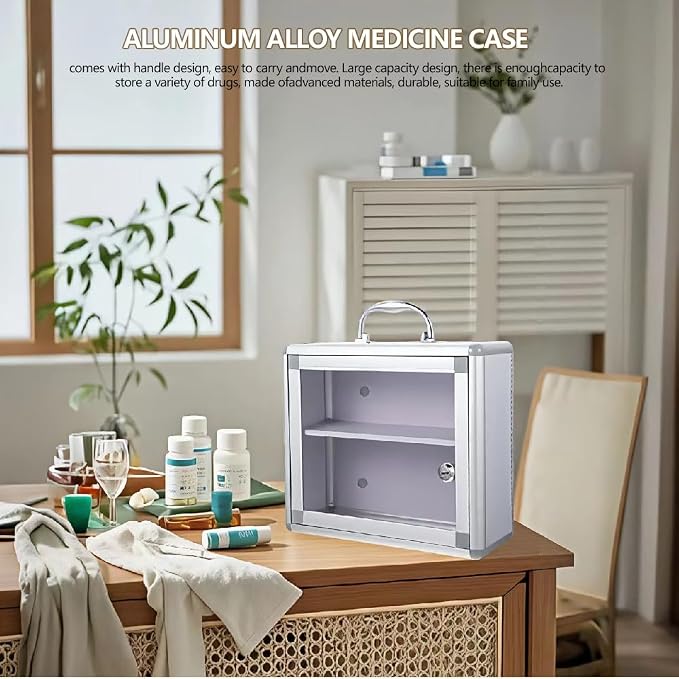 Metal Medicine Storage,Wall mounted Medicine Lock Box, First Aid Safe Medication Storage Box, Layered Aluminum Daily Medicine Lockable Box with Key 11.8x 4.4 x 10.3 Inch