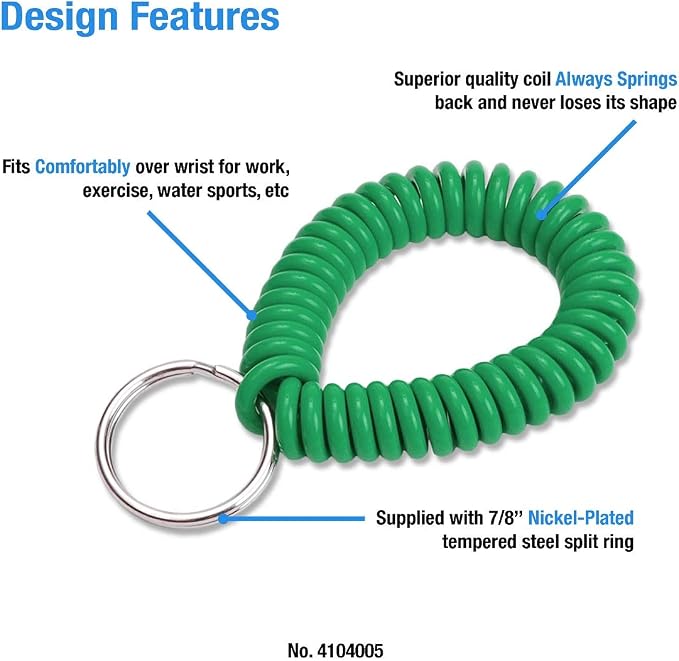 Lucky Line 2” Spiral Wrist Coil with Steel Key Ring, Flexible Wrist Band Key Chain Bracelet, Stretches To 12”, Green, 5 Pack (4104005)
