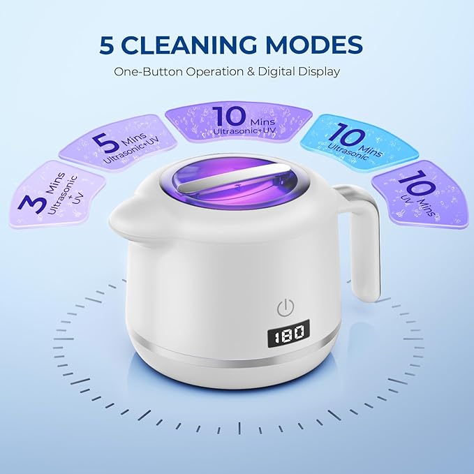 Ultrasonic Retainer Cleaner Machine - 45kHz Ultrasonic Cleaner - 200ML Mouth Guard & Denture Cleaner Pod & Jewelry - 5 Modes with Digital Timer - Upgrade Water Bottle Design, Porcelain White
