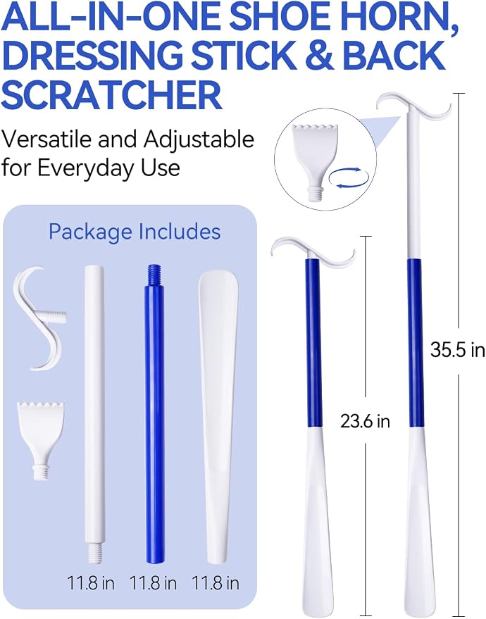 35.5 Inch 3-in-1 Shoe Horn Long Handle for Seniors & Adults - Long Shoe Horn with Detachable Back Scratcher Sock Remover, Dressing Aid - Long Shoe Horn for Seniors - Travel-Friendly Design