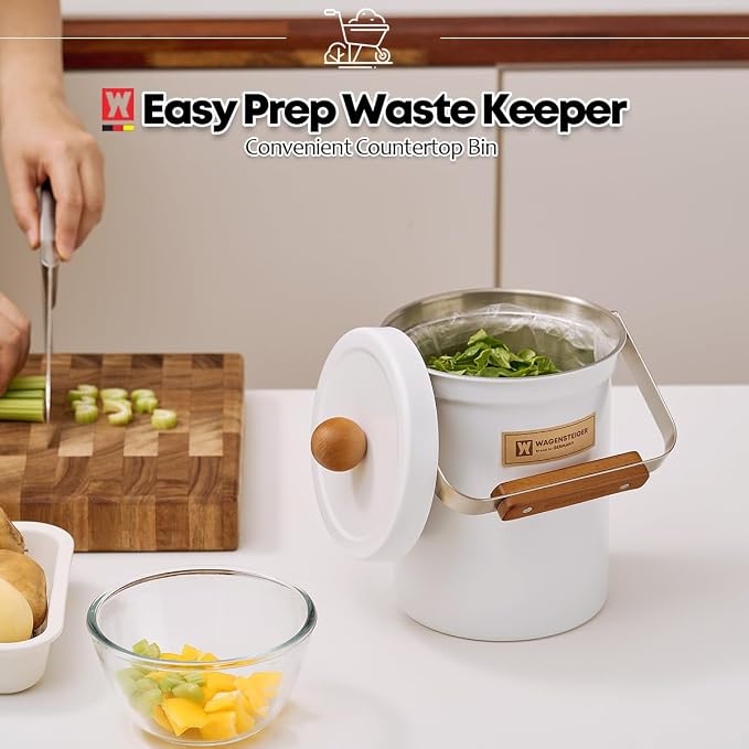 WAGENSTEIGER Kitchen Countertop Compost Bin 101ounces / 3Liters, Airtight Lid SUS304 Stainless Steel Odor-Free Food Waste Bin with Wooden Handle Stylish Design/Bathroom Trash Can (White)