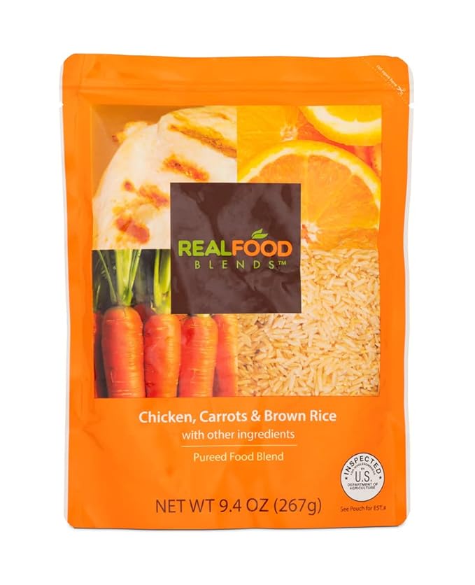 Real Food Blends Chicken, Carrots & Brown Rice - Pureed Food Meals for Tube Feeding with Protein, Vegetables & Fruits - 340 Calories for Lunch & Dinner - 9.4 oz (Pack of 12)