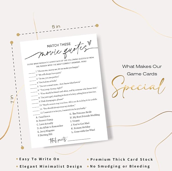 Wedding Shower Games Cards, Match These Movie Quotes, 25 Game Cards with 1 Answer Card, Engagement Party Wedding Games for Guests, Minimalist White Wedding Party Supplies - A09