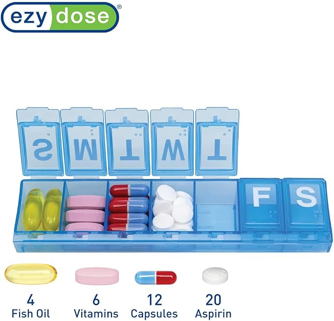 EZY DOSE Weekly (7-Day) Daily Pill Container, Medicine Planner, Vitamin Organizer, Large Locking Compartments Secure Prescription Medication and Prevent Accidental Spilling, Blue, BPA Free