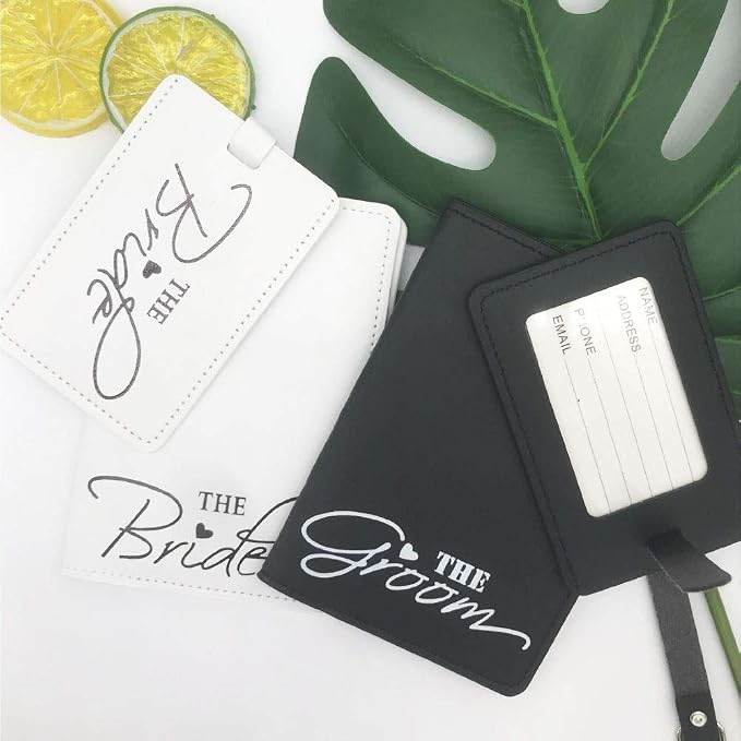 2 Pcs Bride and groom luggage tags + 2 Pcs passport cover, couple passport holder for honeymoon Wedding Bridal Shower Gift