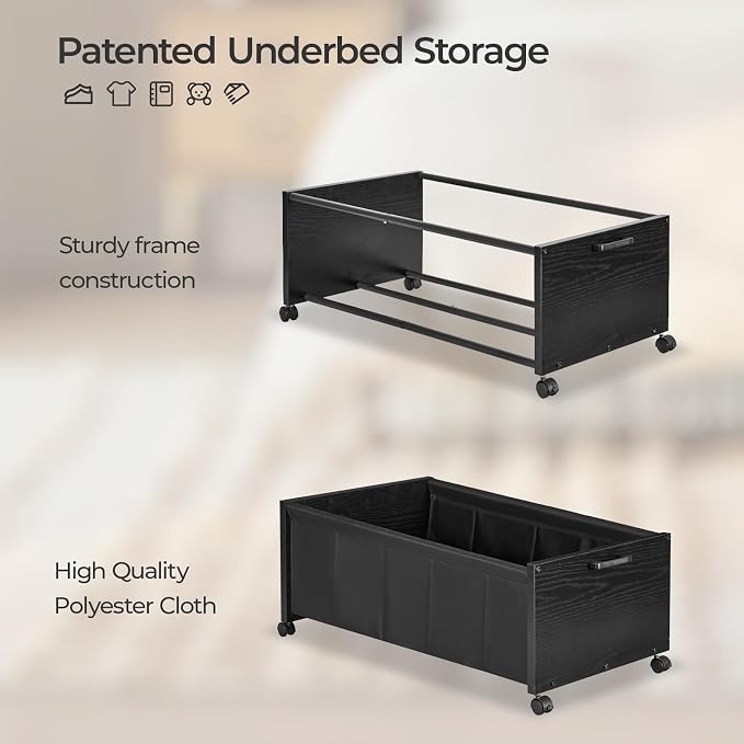 FOUCSSOMEI Under Bed Storage with Wheels, Wooden Under Bed Drawers On Wheels, Rolling Under Bed Shoe Storage, Space Saving, Black,Quadruple Size,90L